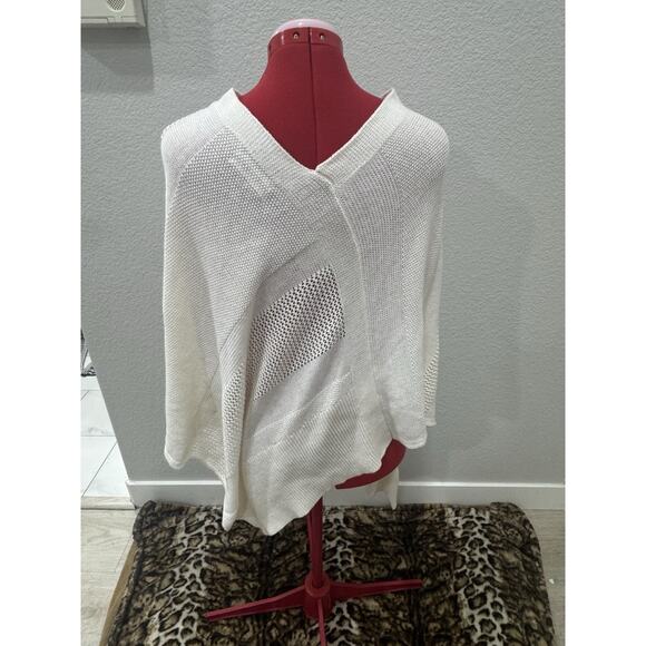anthropologie  Ivory Knit Poncho Top Oversized V Neck Ruffle Hem Summer Layering - Picture 3 of 7